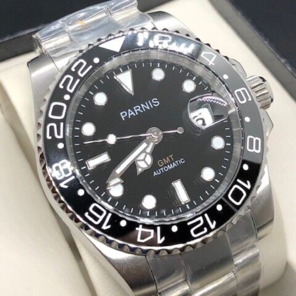 Parnis 40mm Black Dial Sapphire Glass Orange Gmt Date All Black Automatic Watch
